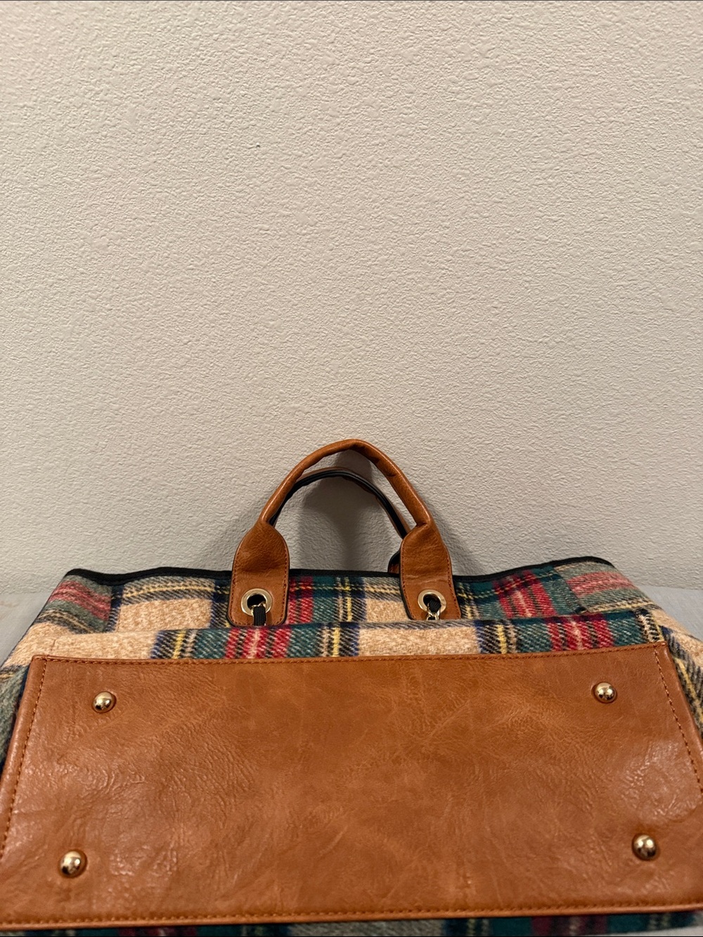 Plaid Wool Tote with Tan Leather Trim and Chain Handles - Picture 5 of 5
